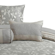 Benzara Queen Size 7 Piece Fabric Comforter Set with Leaf Prints, Gray