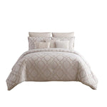 Benzara 9 Piece Queen Size Fabric Comforter Set with Quatrefoil Prints, White