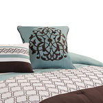 Benzara Quatrefoil Queen Size 8 Piece Fabric Comforter Set , Brown and Blue
