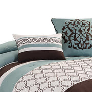 Benzara Quatrefoil Queen Size 8 Piece Fabric Comforter Set , Brown and Blue