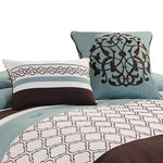 Benzara Quatrefoil Queen Size 8 Piece Fabric Comforter Set , Brown and Blue