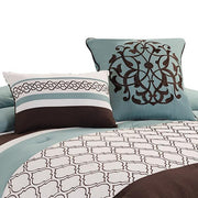 Benzara Quatrefoil Queen Size 8 Piece Fabric Comforter Set , Brown and Blue