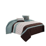 Benzara Quatrefoil Queen Size 8 Piece Fabric Comforter Set , Brown and Blue