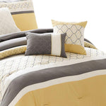 Benzara Quatrefoil Print King Size 7 Piece Fabric Comforter Set, Yellow and Gray