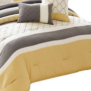 Benzara Quatrefoil Print King Size 7 Piece Fabric Comforter Set, Yellow and Gray