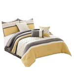 Benzara Quatrefoil Print King Size 7 Piece Fabric Comforter Set, Yellow and Gray