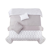Benzara 8 Piece Full Size Fabric Comforter Set with Geometric Prints,White and Gray