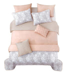 Benzara 8 Piece King Comforter and Coverlet Set with Floral Swirl Pattern, Pink
