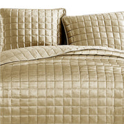 Benzara 3 Piece Queen Size Coverlet Set with Stitched Square Pattern, Gold