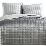 Benzara 3 Piece King Size Coverlet Set with Stitched Square Pattern, Silver