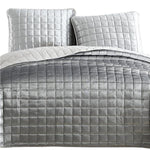 Benzara 3 Piece King Size Coverlet Set with Stitched Square Pattern, Silver