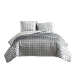 Benzara 3 Piece King Size Coverlet Set with Stitched Square Pattern, Silver