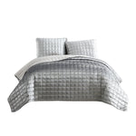 Benzara 3 Piece Queen Size Coverlet Set with Stitched Square Pattern, Silver