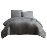 Benzara 3 Piece Crinkles Queen Size Coverlet Set with Vertical Stitching, Gray