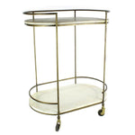 Benzara 2 Tier Obround Shaped Metal Bar Cart with 2 Wooden Shelves,Brass and White