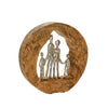 Benzara Round Wooden Sculpture with Family in Open Center, Brown and Silver