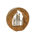 Benzara Round Wooden Sculpture with Family in Open Center, Brown and Silver