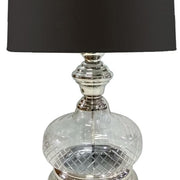 Benzara Pot Bellied Shape Glass Table Lamp with Metal Tier Base, Clear and Black