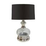 Benzara Pot Bellied Shape Glass Table Lamp with Metal Tier Base, Clear and Black