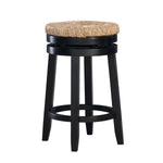 Benzara Wooden Counter Stool with Round Rattan Padded Seat, Black and Brown