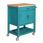 Benzara Wooden Kitchen Cart with Plank Style Open Shelf and Casters, Teal Blue