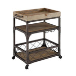 Benzara Wood and Metal 3 Level Bar Cart with Caster Wheels and Side Handle, Brown