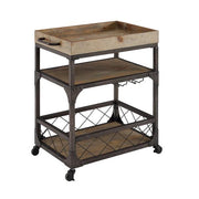Benzara Wood and Metal 3 Level Bar Cart with Caster Wheels and Side Handle, Brown