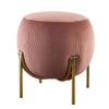 Benzara Fabric Upholstered Round Ottoman with Straight Metal Legs, Pink and Gold