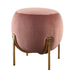 Benzara Fabric Upholstered Round Ottoman with Straight Metal Legs, Pink and Gold
