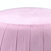Benzara Fabric Upholstered Round Pleated Ottoman with Metal Base, Pink and Gold
