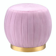 Benzara Fabric Upholstered Round Pleated Ottoman with Metal Base, Pink and Gold