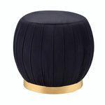 Benzara Fabric Upholstered Round Pleated Ottoman with Metal Base, Black and Gold