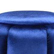 Benzara Fabric Channel Tufted Round Ottoman with Metal Base, Blue and Gold