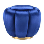 Benzara Fabric Channel Tufted Round Ottoman with Metal Base, Blue and Gold