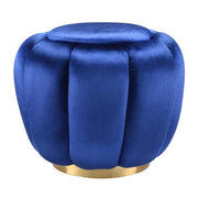 Benzara Fabric Channel Tufted Round Ottoman with Metal Base, Blue and Gold