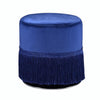 Benzara Fabric Upholstered Round Ottoman with Fringes and Metal Base, Dark Blue