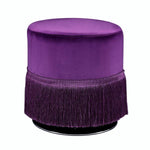 Benzara Fabric Upholstered Round Ottoman with Fringes and Metal Base, Purple