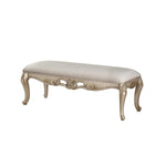 Benzara Rectangular Fabric Bench with Scrolled Floral Moldings, Champagne Gold