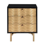 Benzara 3 Drawer Nightstand with Waved Recessed Fronts, Black and Gold