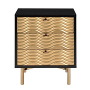 Benzara 3 Drawer Nightstand with Waved Recessed Fronts, Black and Gold