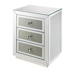Benzara 3 Drawer Mirrored Nightstand with Faux Diamond Inlay, Silver