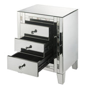 Benzara 3 Drawer Beveled Mirrored Nightstand with Pearl Inlay, Silver