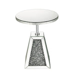Benzara Round Mirrored Accent Table with Pedestal Base and Glass Top, Silver