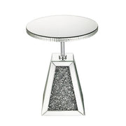Benzara Round Mirrored Accent Table with Pedestal Base and Glass Top, Silver