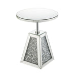Benzara Round Mirrored Accent Table with Pedestal Base and Glass Top, Silver