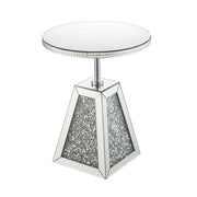 Benzara Round Mirrored Accent Table with Pedestal Base and Glass Top, Silver