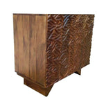 Benzara Abstract 2 Door Carved Wooden Cabinet with Chamfered Block Legs, Walnut