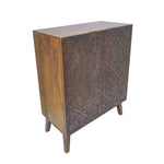 Benzara Geometric Engraved 2 Door Wooden Cabinet with Tapered Legs, Brown and Gray