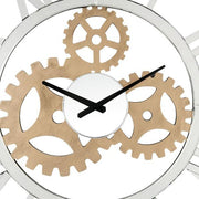 Benzara Round Mirror Panel Open Frame Wall Clock with Gear Design, Silver