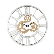 Benzara Round Mirror Panel Open Frame Wall Clock with Gear Design, Silver